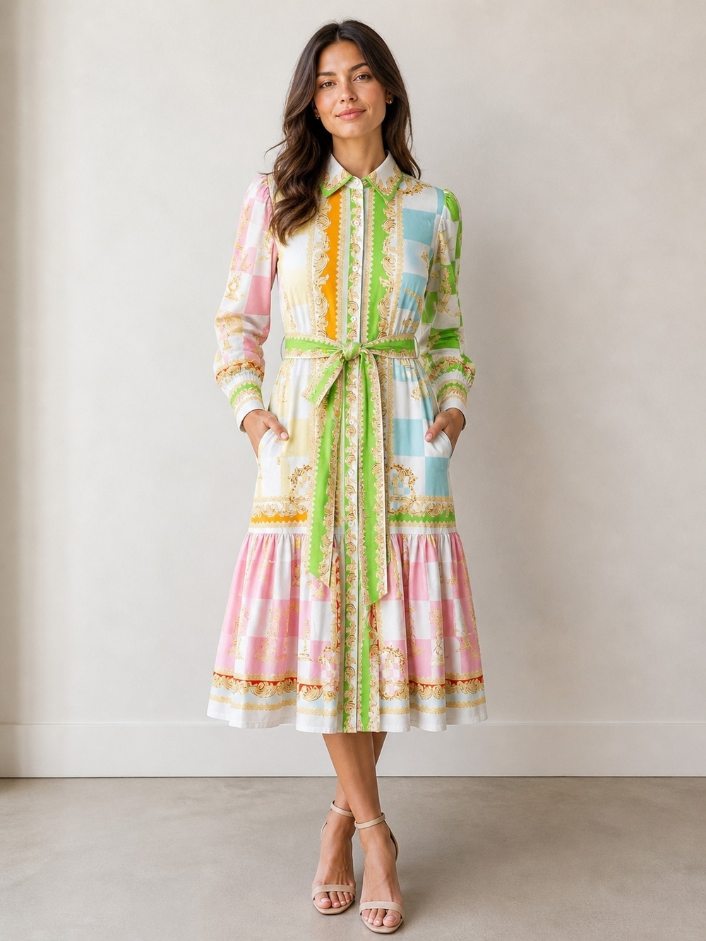 N By Nancy Colorblock Baroque Print Satin Button-Up Shirt